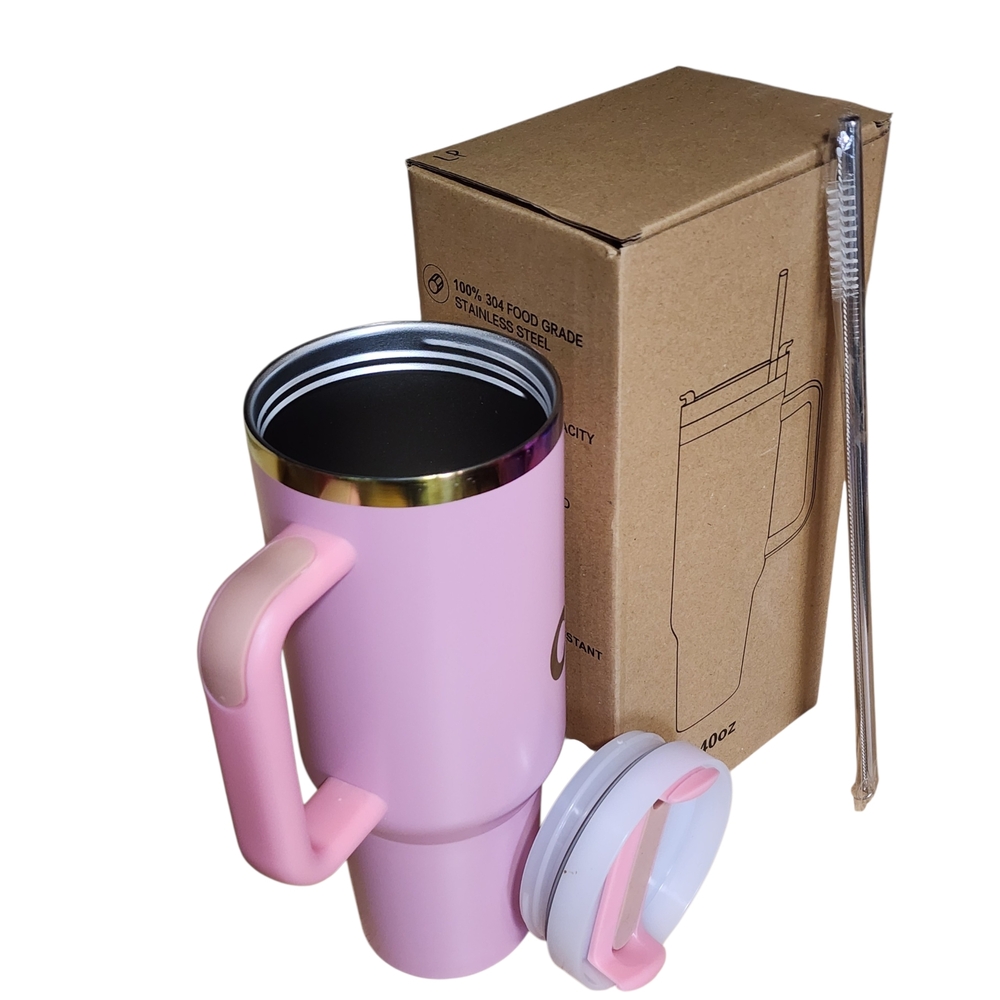 Pink Insulated Travel Mug with Handle and Lid - Engraved Design